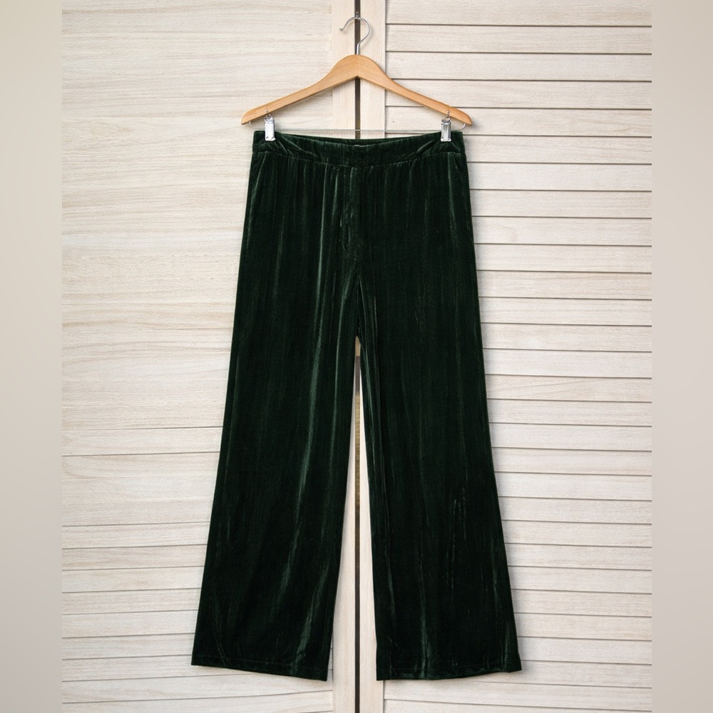 H&M Dark Green Velvet Wide Leg Trousers Luxe Holiday Chic Pants Size 10